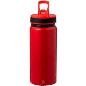 A drink bottle in bright red with a black lid and a carrying handle, featuring a logo.