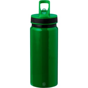 A drink bottle in vibrant green with a black lid and a handle, featuring a brand logo.