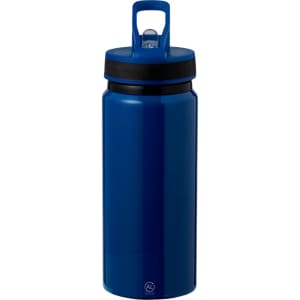 A drink bottle in a vibrant blue colour with a black lid and a handle, featuring a logo on the bottom.