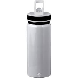 A drink bottle in white with a black lid, featuring a loop for easy carrying. It has a logo on the front.