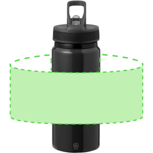 A drink bottle in black with a handle and a flip-top lid, featuring a circular logo on the base.