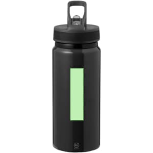 A drink bottle in black with a green accent and a flip-top lid, featuring a logo on the base.