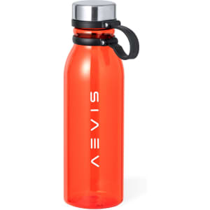 A drink bottle in bright red with a silver lid and a black carry loop, featuring a logo.