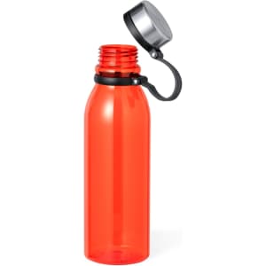 A drink bottle in bright red with a silver cap and a black attachment loop. It features a smooth surface and sleek design.