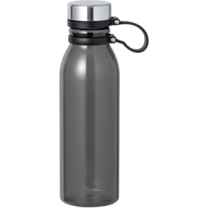 A drink bottle in translucent grey with a silver screw-top lid and a black silicone band. It features a logo.