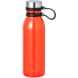 A drink bottle in vibrant red with a chrome lid and a black securing strap. It features a logo on the side.