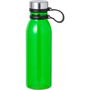 A drink bottle featuring a vibrant green body and a silver lid, complemented by a black grip. It has a logo on it.