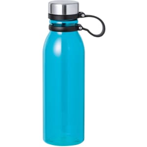 A drink bottle in bright blue with a stainless steel lid and black accent. It features a carrying loop and branding.