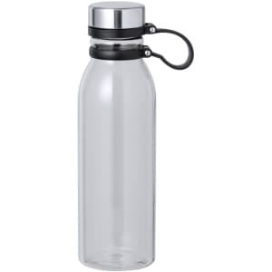 A drink bottle made of clear plastic with a black lid and a silver cap, featuring a metal loop attachment.