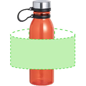 A drink bottle in a vibrant orange colour with a metallic silver lid and a black attachment. Features a logo.