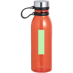 A drink bottle in bright orange, featuring a silver cap and a black carry strap; it has a logo.