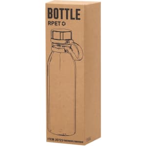 A drink bottle in a clear glass style, enclosed in a cardboard packaging with a logo.