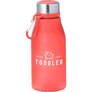 A drink bottle in coral with a silver lid and a carabiner, featuring a logo and text.