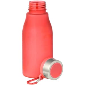 A drink bottle in vibrant coral colour with a metallic screw-on lid and a detachable attachment clip.