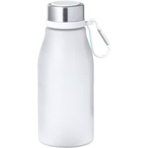 A drink bottle in a sleek matte white design with a stainless steel lid and a carabiner attachment.
