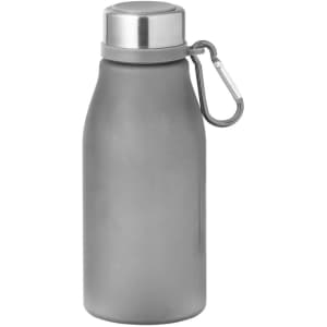 A drink bottle in a sleek grey finish with a stainless steel cap and a carabiner attachment.