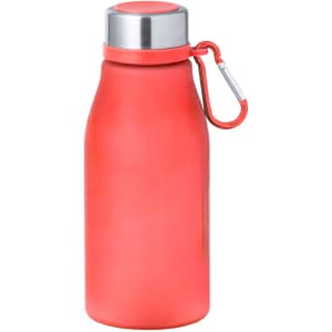 A drink bottle in vibrant coral colour with a stainless steel lid and a carabiner for attachment.