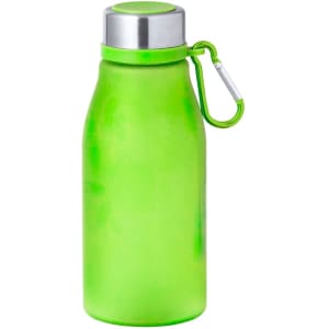A drink bottle in bright green with a silver cap and a carabiner clip. The bottle has a smooth matte finish.