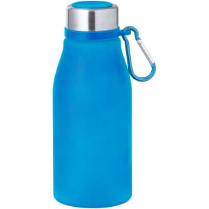 A drink bottle with a matte blue finish, silver lid, and a carabiner attachment. It features a logo on the surface.