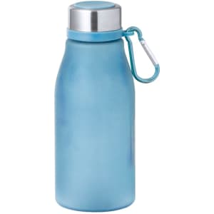 A drink bottle in a frosted blue colour with a stainless steel lid and a metal carabiner attached.