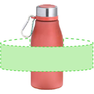 A drink bottle in a rust-red colour with a silver cap and a carabiner clip, featuring a logo.