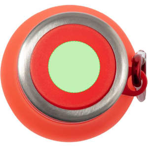 A drink bottle with a vibrant orange body, a stainless steel rim, and a green centre, featuring a small attachment clip.