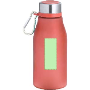 A drink bottle in a matte red finish with a silver cap and a loop attachment, featuring a blank area for customisation.