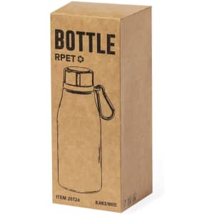 A white drink bottle in a cardboard box with a logo. Features a metal carabiner for easy attachment.