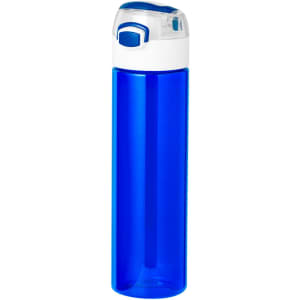 A drink bottle featuring a bright blue body with a white lid and a logo on the side.