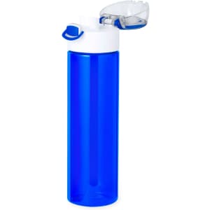 A drink bottle in bright blue with a white cap and clear flip-top lid, featuring a logo.