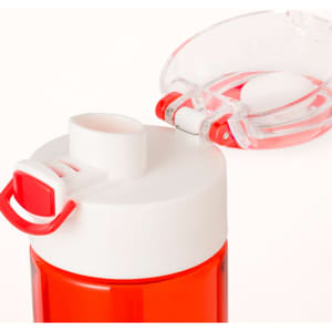 A drink bottle in bright red with a white, flip-top lid and a handle for easy carrying.