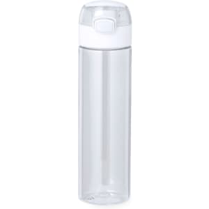 A drink bottle with a transparent body and a white cap, featuring a logo on the side.