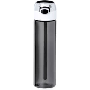 A drink bottle in transparent grey with a white lid and a built-in straw, featuring a logo on the side.