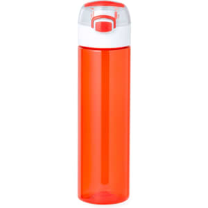 A drink bottle in vibrant red with a transparent cap and a button mechanism. It features a logo on the side.