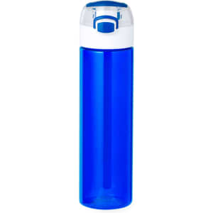 A drink bottle in bright blue with a white lid and a logo on the side. It has a sleek, cylindrical design.