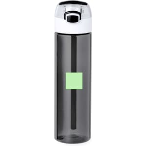 A drink bottle in dark grey with a white cap and a square area for branding.
