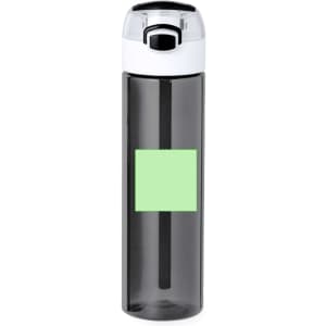 A drink bottle with a smokey grey body, white lid, and a square green label. It features a logo on the lid.