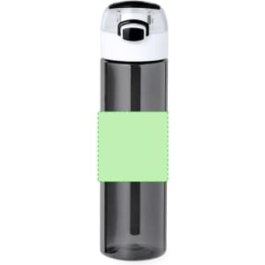 A drink bottle in grey with a white lid and a blank green label around its middle. It features a modern design.