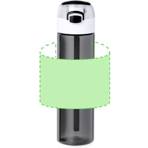 A drink bottle with a transparent grey body and a white lid, featuring a logo and a blank sleeve for customisation.