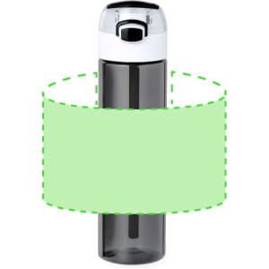 A drink bottle in grey with a black lid and a logo on the body.