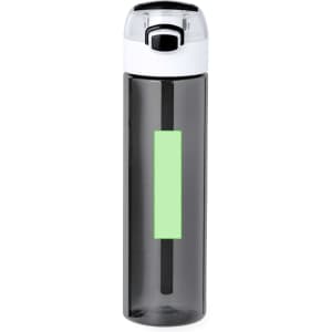 A drink bottle in a smoky grey colour with a white cap and a green accent. Features a logo.