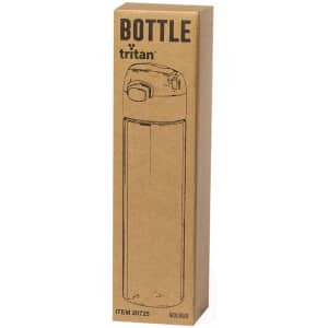 A drink bottle in a cardboard box, featuring a clear design in a light colour and a logo on the cap.