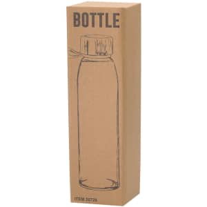 A drink bottle in a clear glass design, packaged in a tall brown cardboard box with a wooden lid.