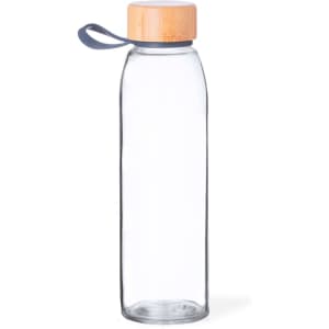 A drink bottle with a clear glass body, a bamboo lid, and a grey silicone strap.