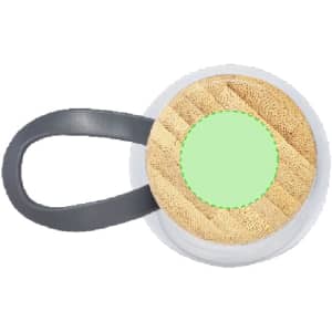 A drink bottle with a round, light green body, a textured beige lid, and a dark grey handle.
