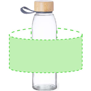 A drink bottle featuring a transparent design with a wooden cap, and a green placeholder label around it.
