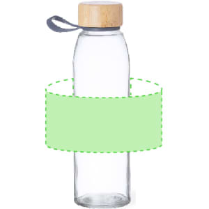 A drink bottle with a transparent body, wooden lid, and a grey strap. It has a placeholder for a green label.