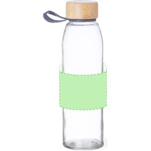 A drink bottle made of glass with a bamboo lid and a light green sleeve, featuring a loop handle.