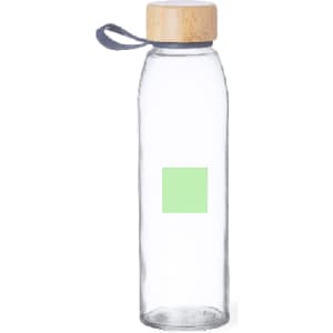 A drink bottle made of clear glass with a wooden cork lid and a grey strap. It features an empty square for customization.