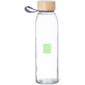 A drink bottle made of clear glass with a bamboo lid and a grey handle. It features a blank area for customisation.